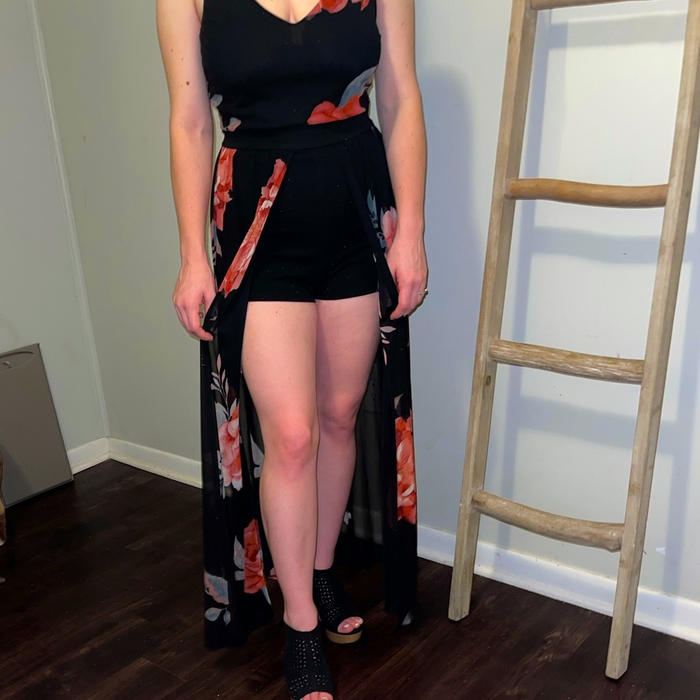 Black Floral Romper with Sheer Train